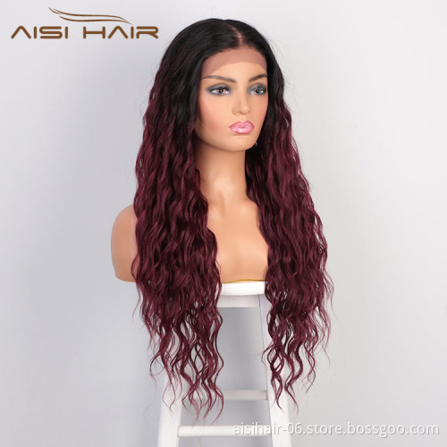 Aisi Hair Topselling 26 Inch Long Wavy Ombre Red Color Wig Body Wave Swiss Lace Wig Synthetic Lace Frontal Wigs For Black Women